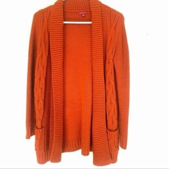 Orange Chunky Knit Open Front Cardigan Sweater Long Sleeve Textured Knit Medium - Picture 1 of 8